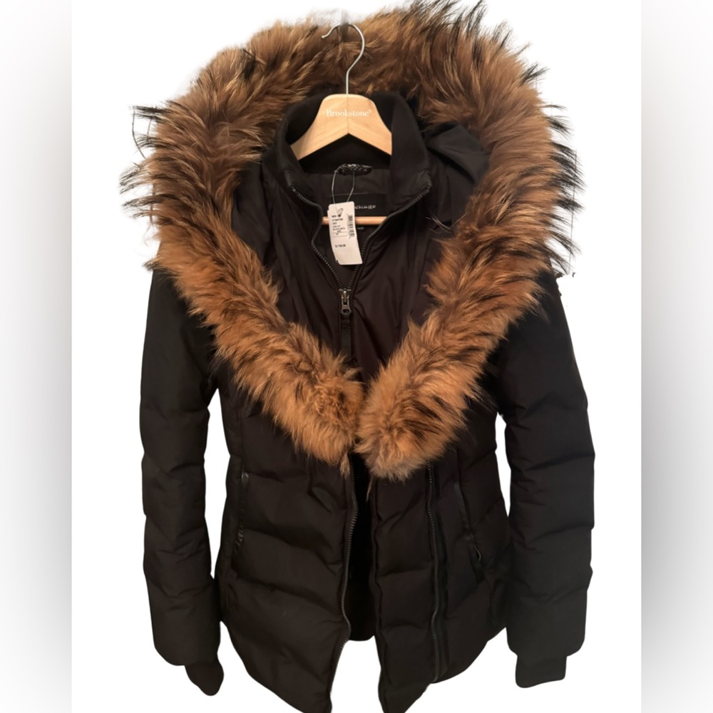 Mackage Women's Black Puffer Coat with Brown Fur Trim Hood